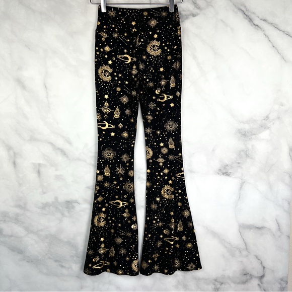 Celestial Moon Star High Waisted Stretch Knit Flare Leggings Pants Bohemian 70s - Picture 3 of 7